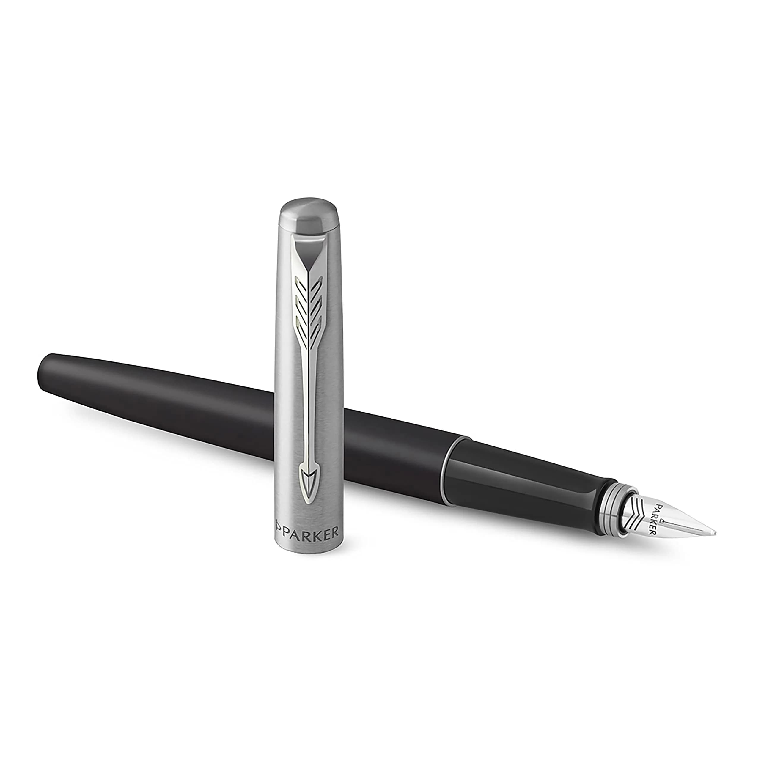 Parker Jotter Fountain Pen Black Stainless Steel Medium Nib Blue Ink | Iconic Design for Smooth Writing - main product image