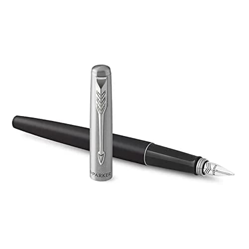 Parker Jotter Fountain Pen Black Stainless Steel Medium Nib Blue Ink | Iconic Design for Smooth Writing thumbnail 1