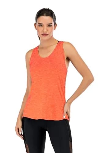 Fihapyli Sleeveless Yoga Tank Top for Women Mesh Racerback Backless Neon Orange | Breathable & Quick Dry Activewear thumbnail 2