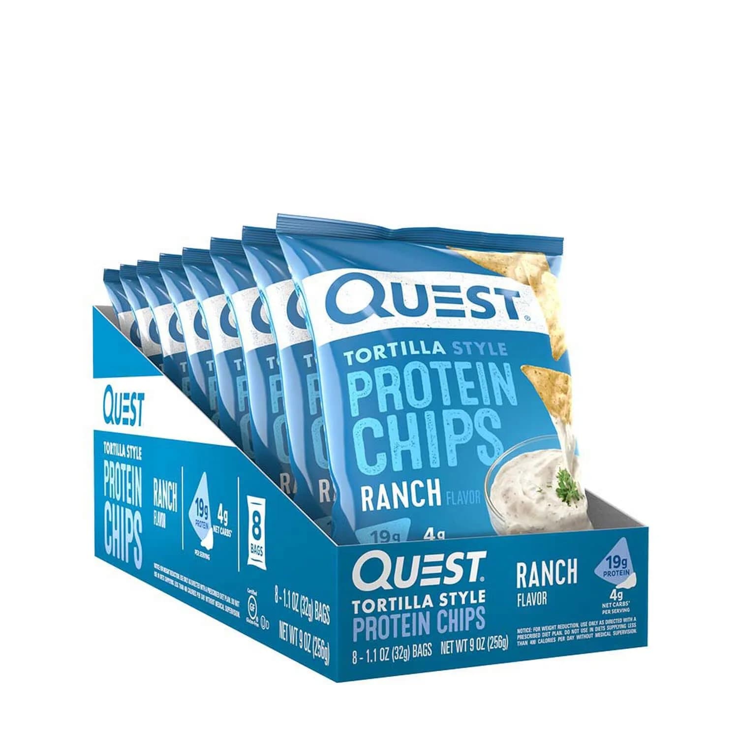 Quest Nutrition Chili Lime Tortilla Style Protein Chips 4 Pack | Baked, Gluten-Free, 20g Protein, 3g Net Carbs — Ranch / 9 Ounce