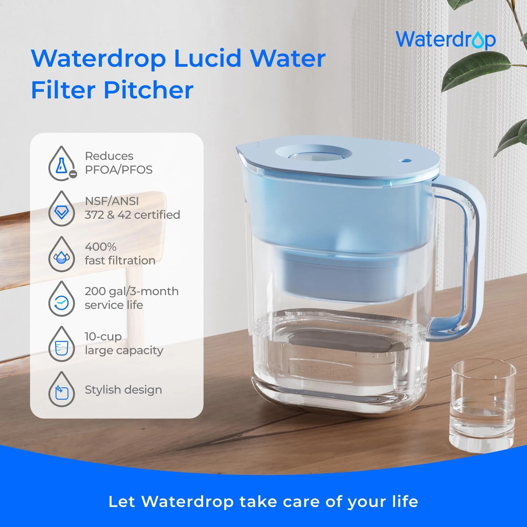 Waterdrop Lucid Water Filter Pitcher 2.4L (10-Cup) | NSF Certified, 200-Gallon Long-Life Filter - view 2