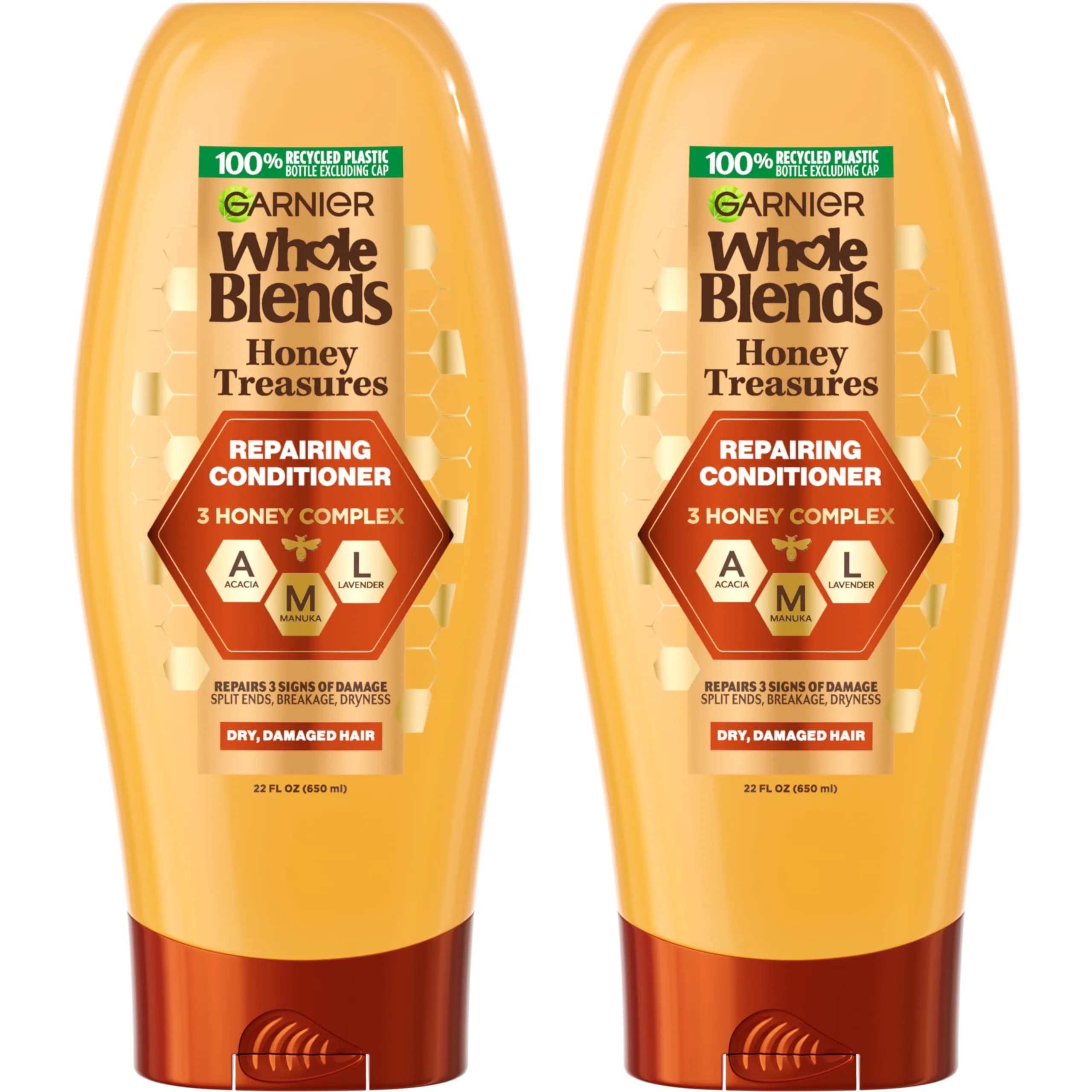 Garnier Whole Blends Honey Treasures Repairing Conditioner 44 fl oz (22 fl oz, 2 Count) | Repairs Dry, Damaged Hair — Honey Treasures Conditioner
