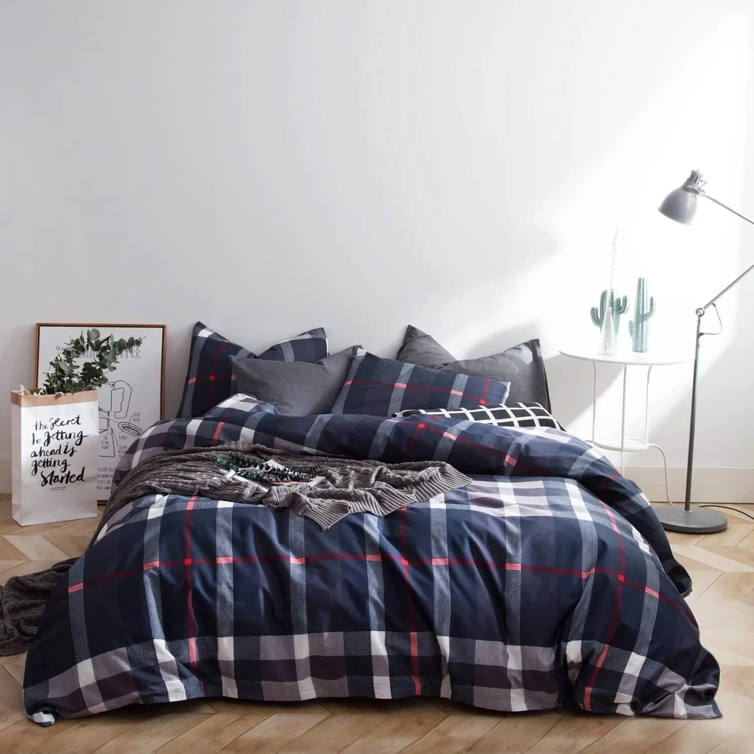 SUSYBAO Plaid Duvet Cover Queen 100% Cotton Navy Blue | Soft Checkered Gingham Bedding