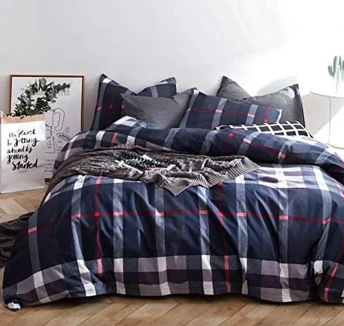 SUSYBAO Plaid Duvet Cover Queen 100% Cotton Navy Blue | Soft Checkered Gingham Bedding thumbnail 2