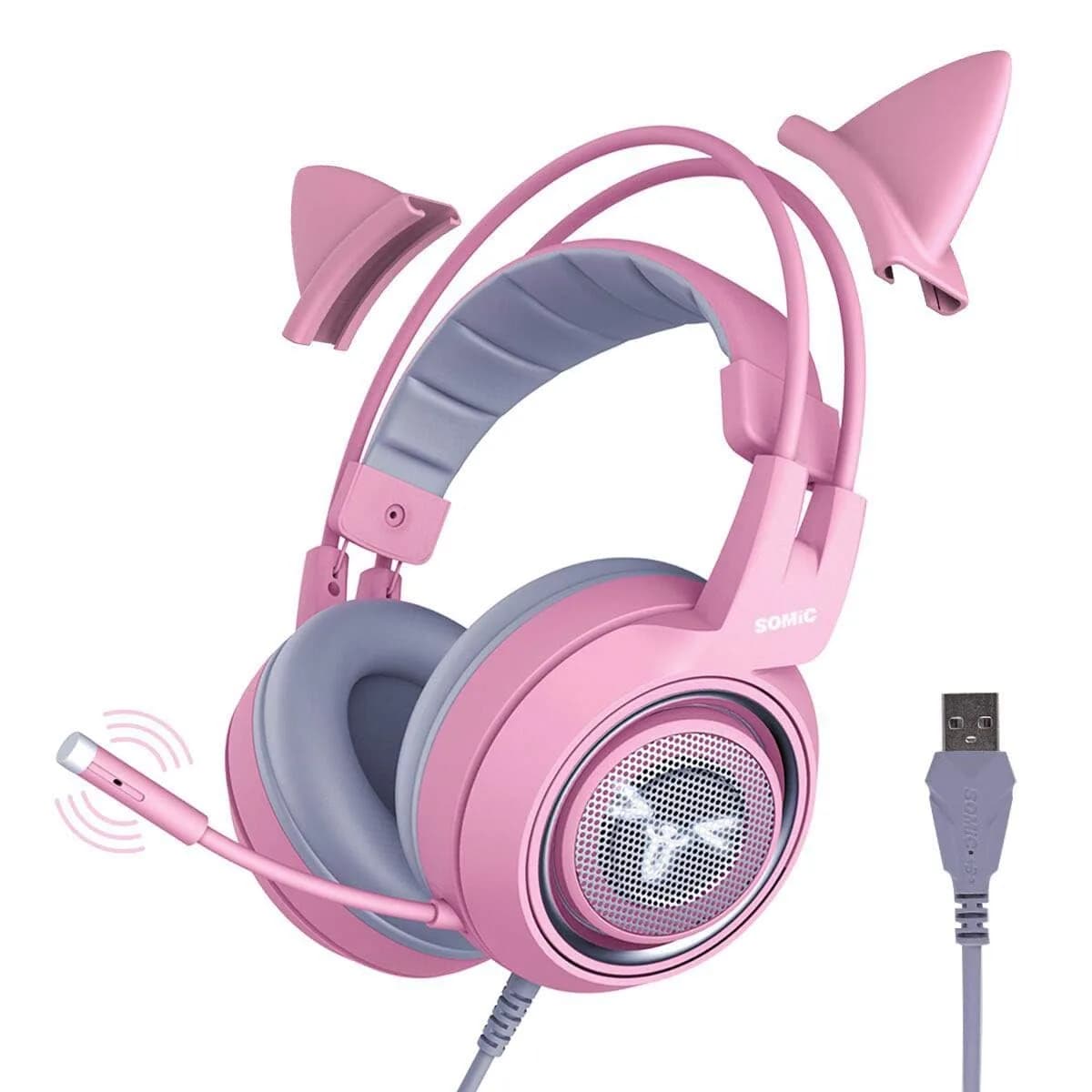 SOMIC G951PINK Gaming Headset for PC, PS4, PS5 | 7.1 Virtual Surround, Noise Cancelling, LED Light, Cat Ear Design (Pink, USB)