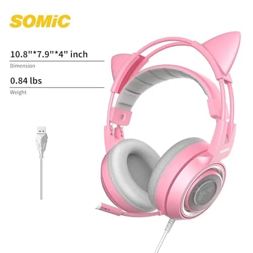 SOMIC G951PINK Gaming Headset for PC, PS4, PS5 | 7.1 Virtual Surround, Noise Cancelling, LED Light, Cat Ear Design (Pink, USB) thumbnail 8