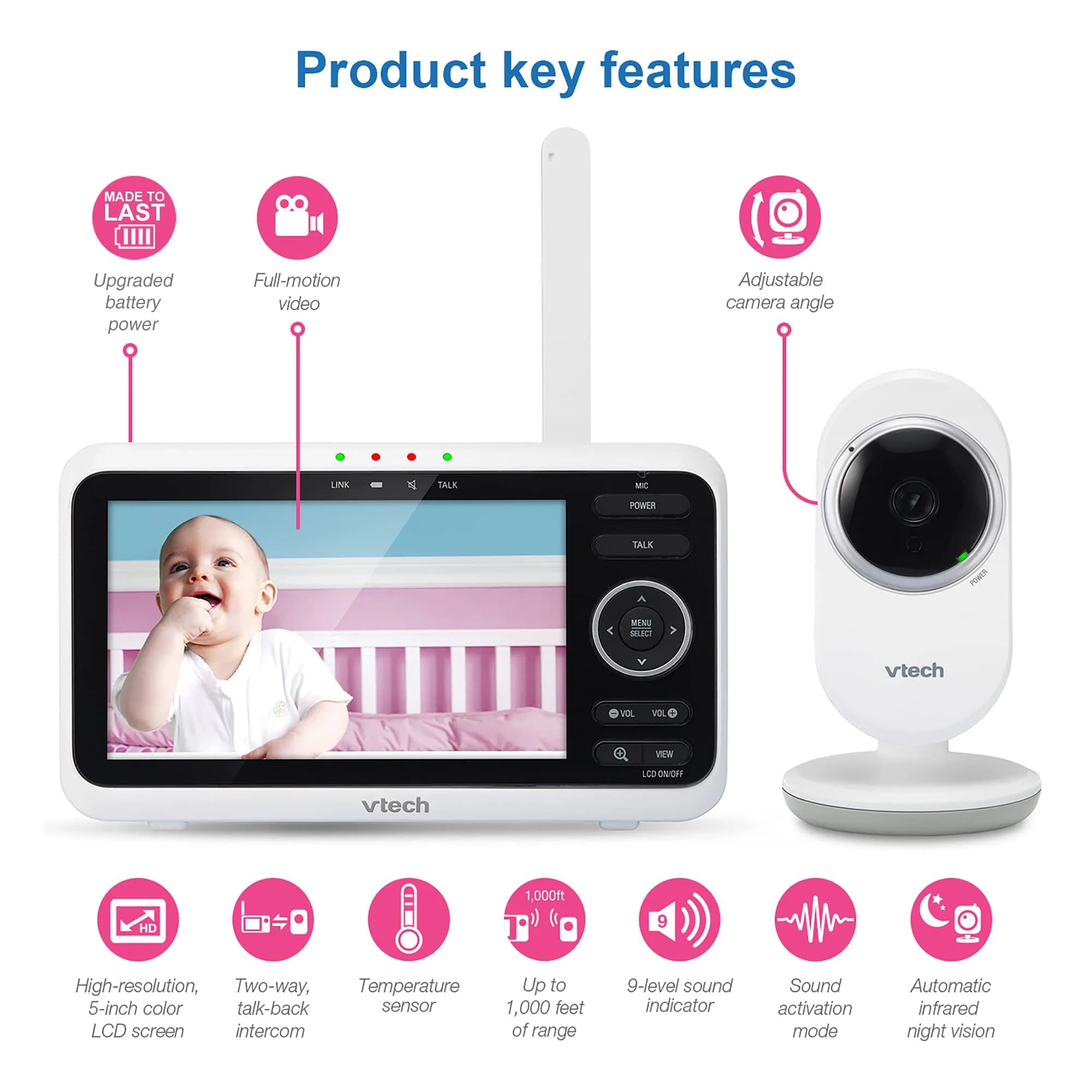 VTech VM350 Baby Monitor with 5" Screen | 1000ft Range, No WiFi, 12-Hr Battery - view 2