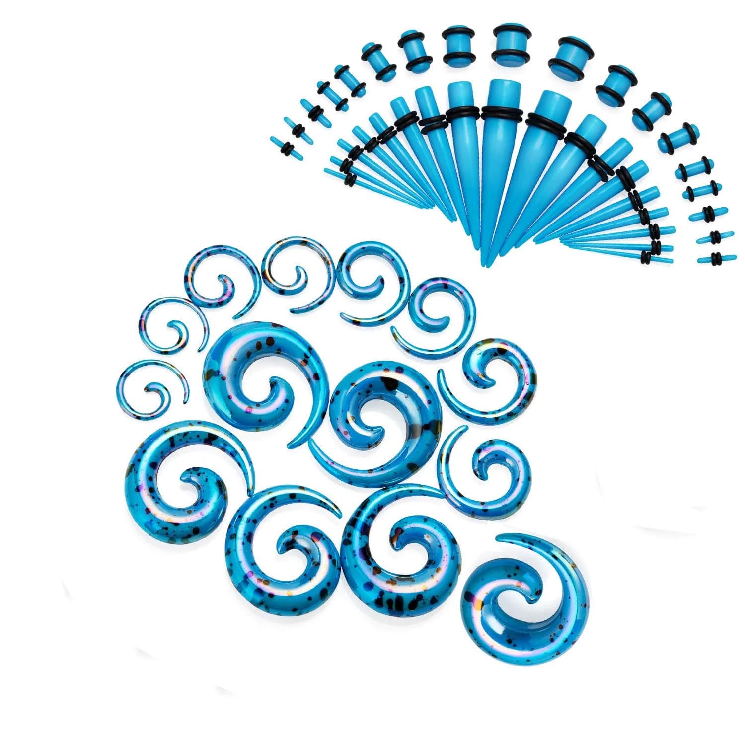 JDXN 52 Pieces Acrylic Gauge Kit Spiral Tapers & Plugs 14G-00G | Ear Stretching Starter Set — Light Blue Spot 52PCS