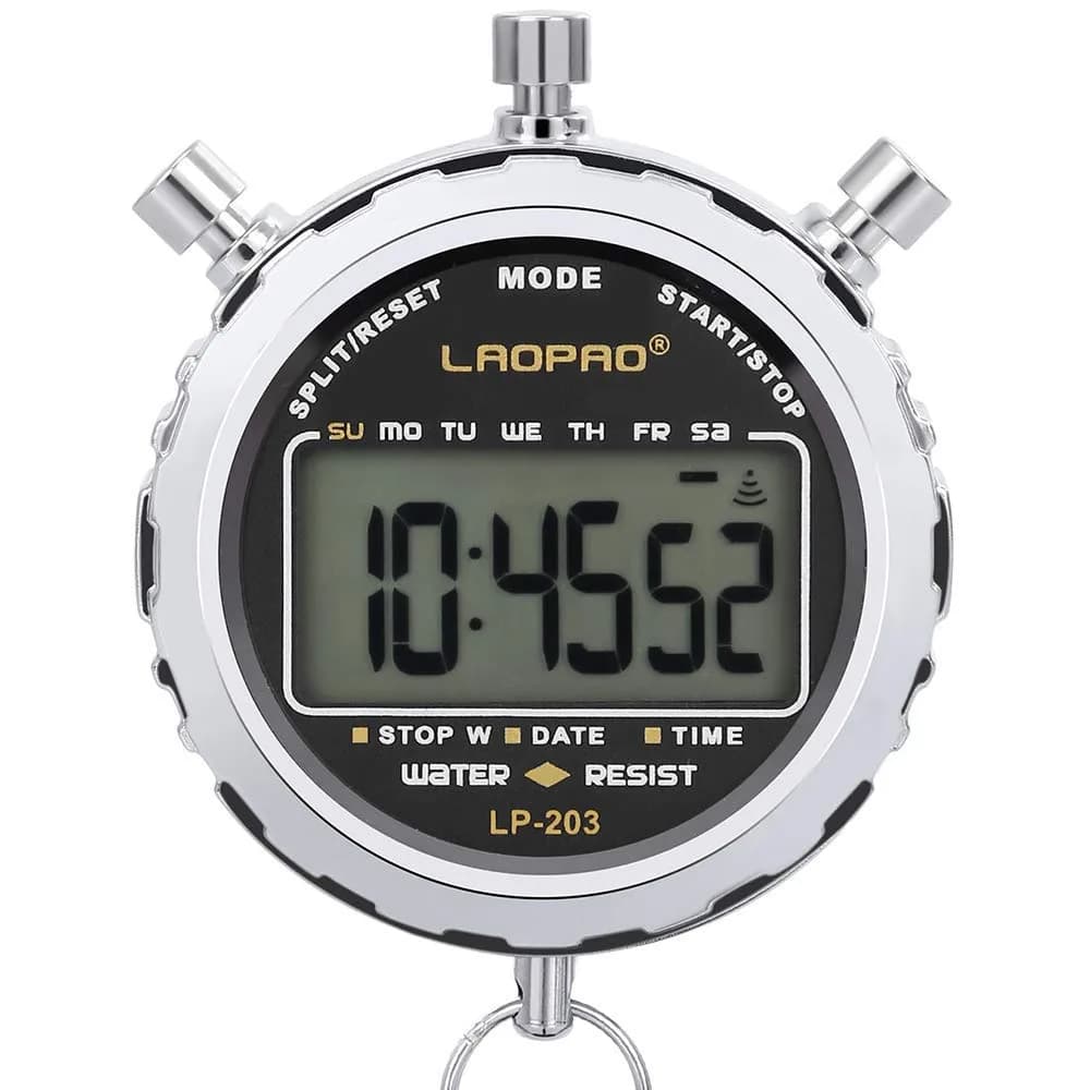 LAOPAO XJ-203 Digital Stopwatch Timer with Date & Alarm | 1/100th Second Precision, Stainless Steel Case, Daily Water Resistant (91g) - main product image
