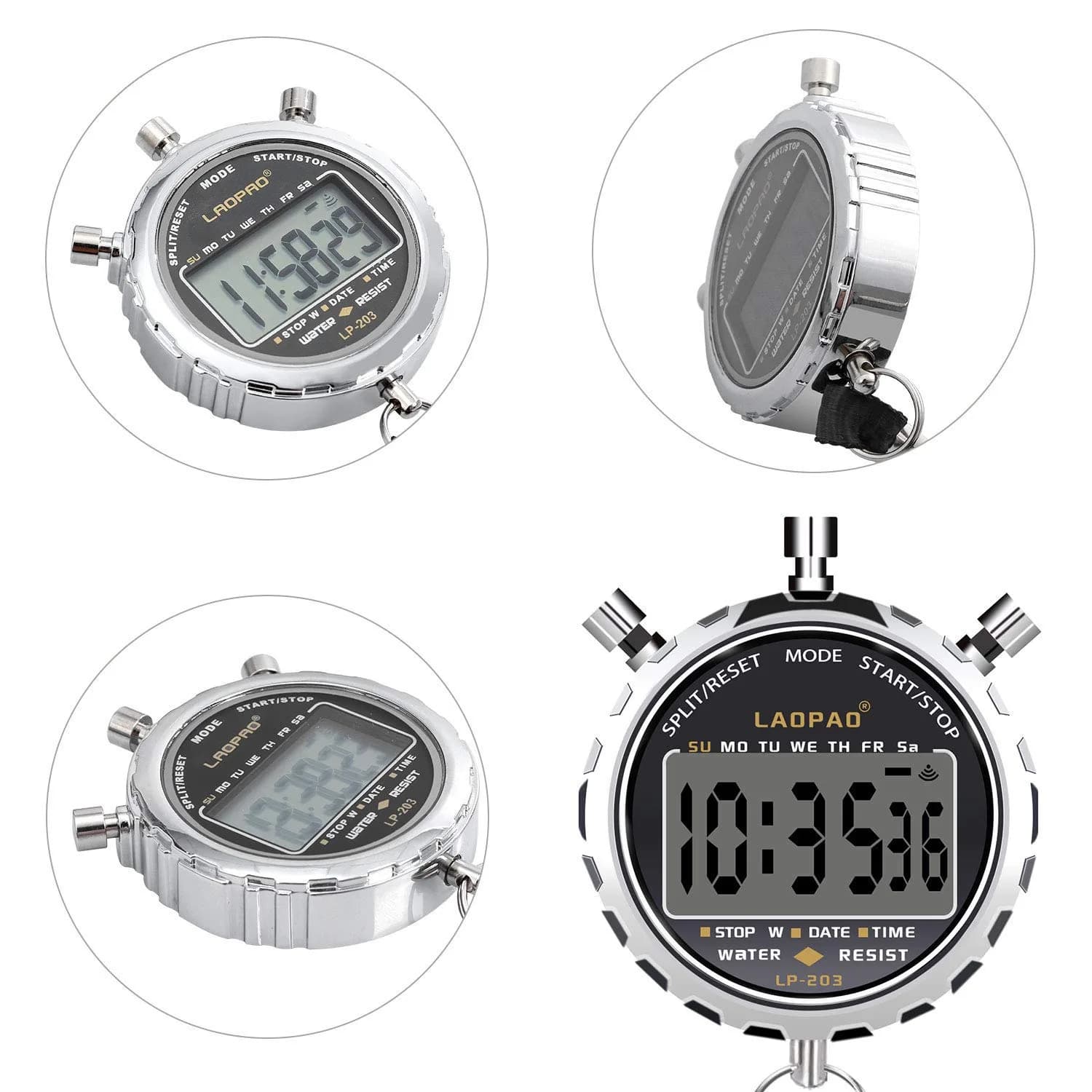 LAOPAO XJ-203 Digital Stopwatch Timer with Date & Alarm | 1/100th Second Precision, Stainless Steel Case, Daily Water Resistant (91g) - view 3