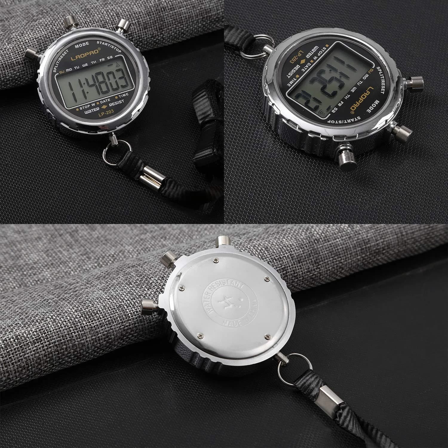 LAOPAO XJ-203 Digital Stopwatch Timer with Date & Alarm | 1/100th Second Precision, Stainless Steel Case, Daily Water Resistant (91g) - view 4