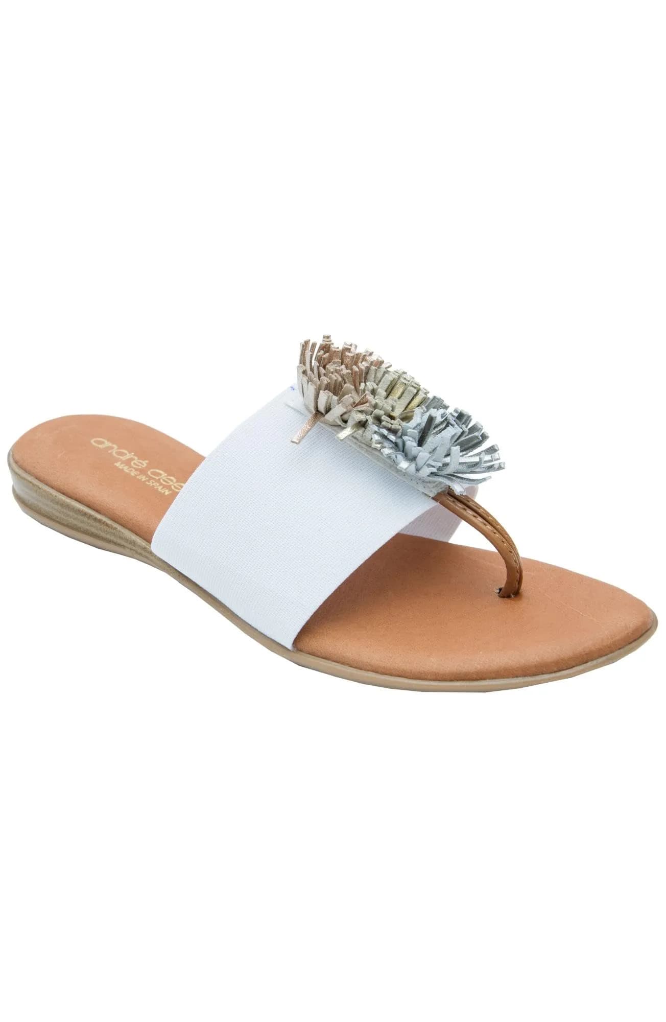 André Assous Novalee Flat, White/Metal, 8 | Leather Slip-On Sandal with Fringe Accent