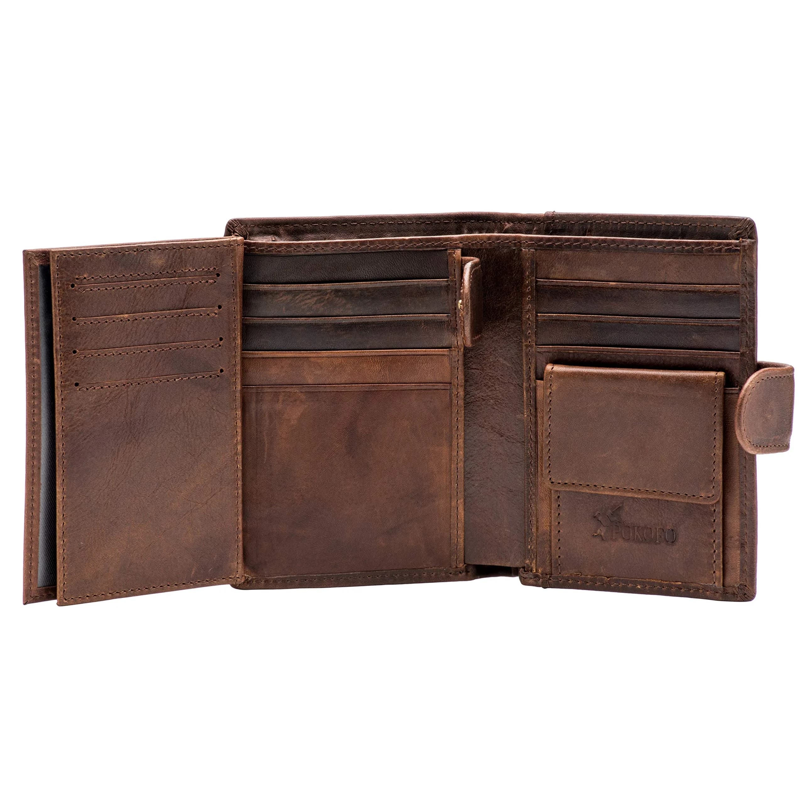 POKOFO Large RFID Genuine Leather Trifold Wallet with Snap Closure & 14 Card Slots | Coffee Color