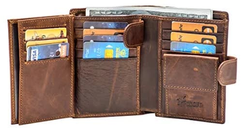 POKOFO Large RFID Genuine Leather Trifold Wallet with Snap Closure & 14 Card Slots | Coffee Color thumbnail 4