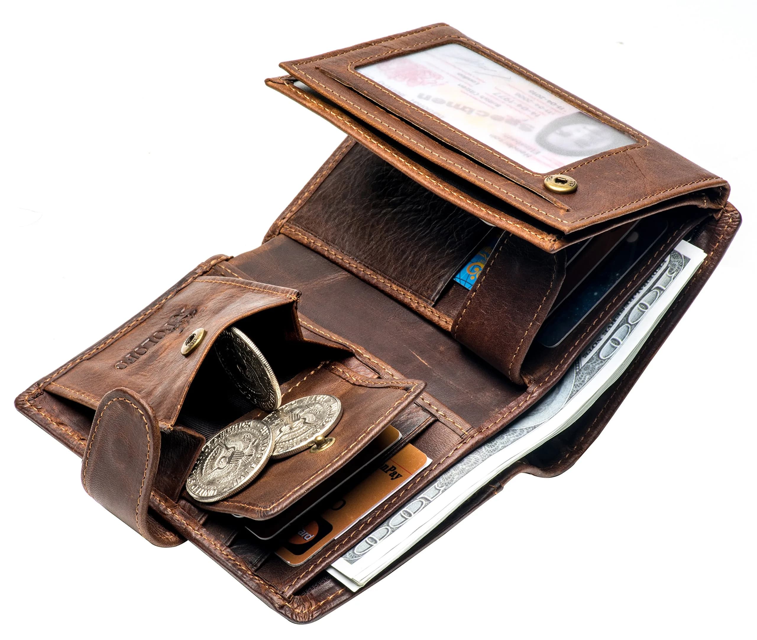 POKOFO Large Coffee Genuine Leather Trifold RFID Wallet for Men | Classic Design, 14 Card Slots - view 5