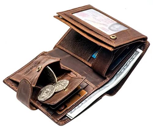 POKOFO Large RFID Genuine Leather Trifold Wallet with Snap Closure & 14 Card Slots | Coffee Color thumbnail 5