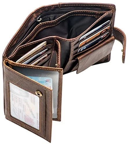 POKOFO Large RFID Genuine Leather Trifold Wallet with Snap Closure & 14 Card Slots | Coffee Color thumbnail 6