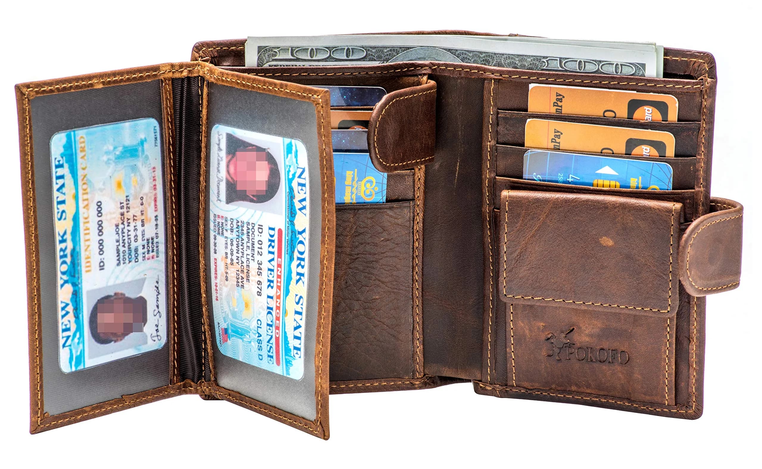 POKOFO Large Coffee Genuine Leather Trifold RFID Wallet for Men | Classic Design, 14 Card Slots - view 3