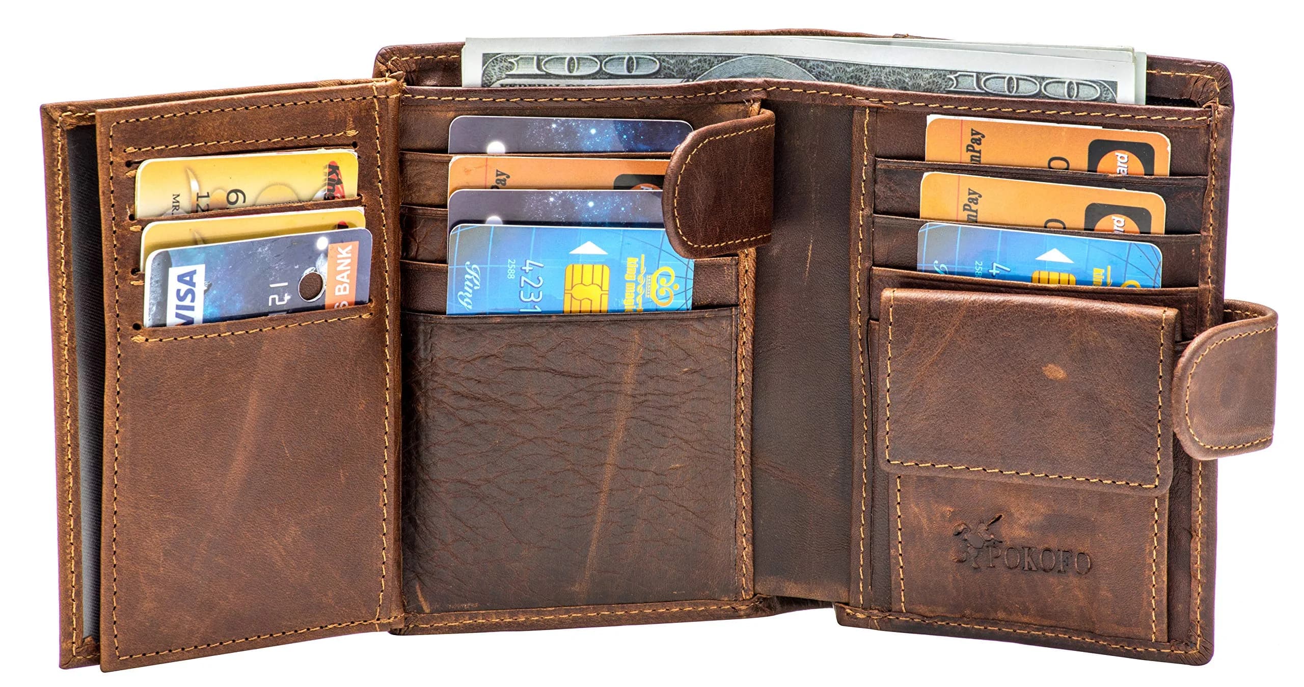 POKOFO Large Coffee Genuine Leather Trifold RFID Wallet for Men | Classic Design, 14 Card Slots - view 4