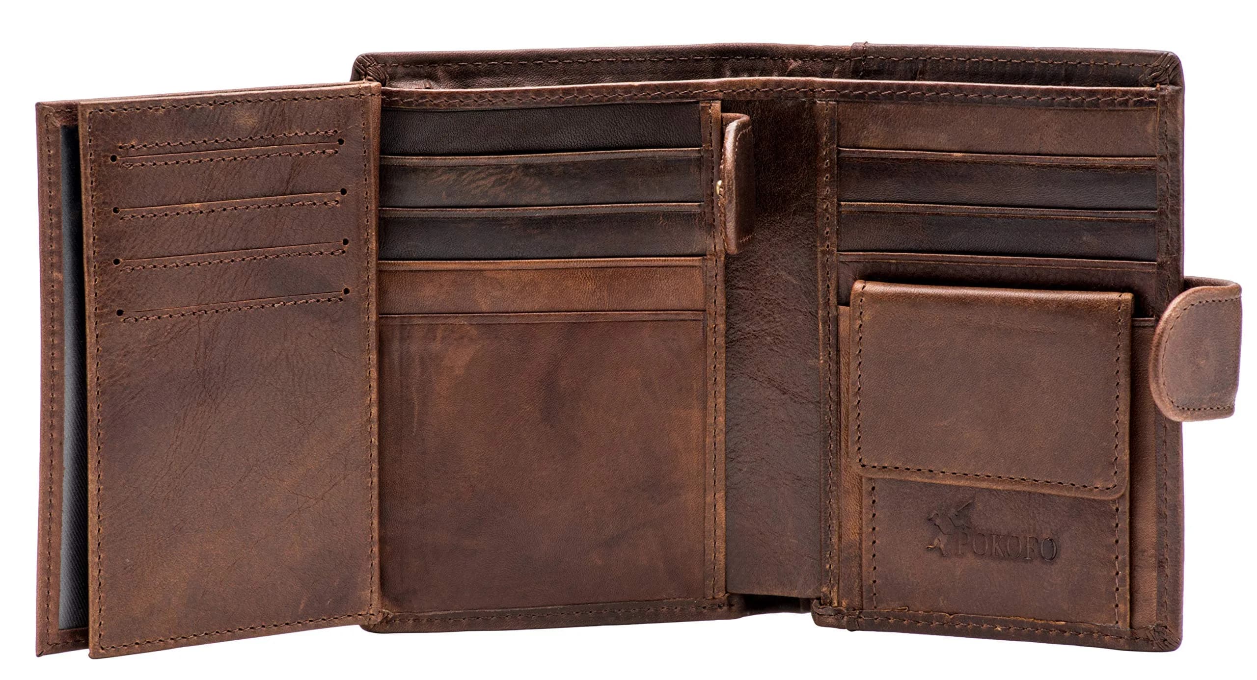 POKOFO Large RFID Genuine Leather Trifold Wallet for Men (Chocolate) 12.7cm (5") | Classic Design, 14 Card Slots — Coffee Large