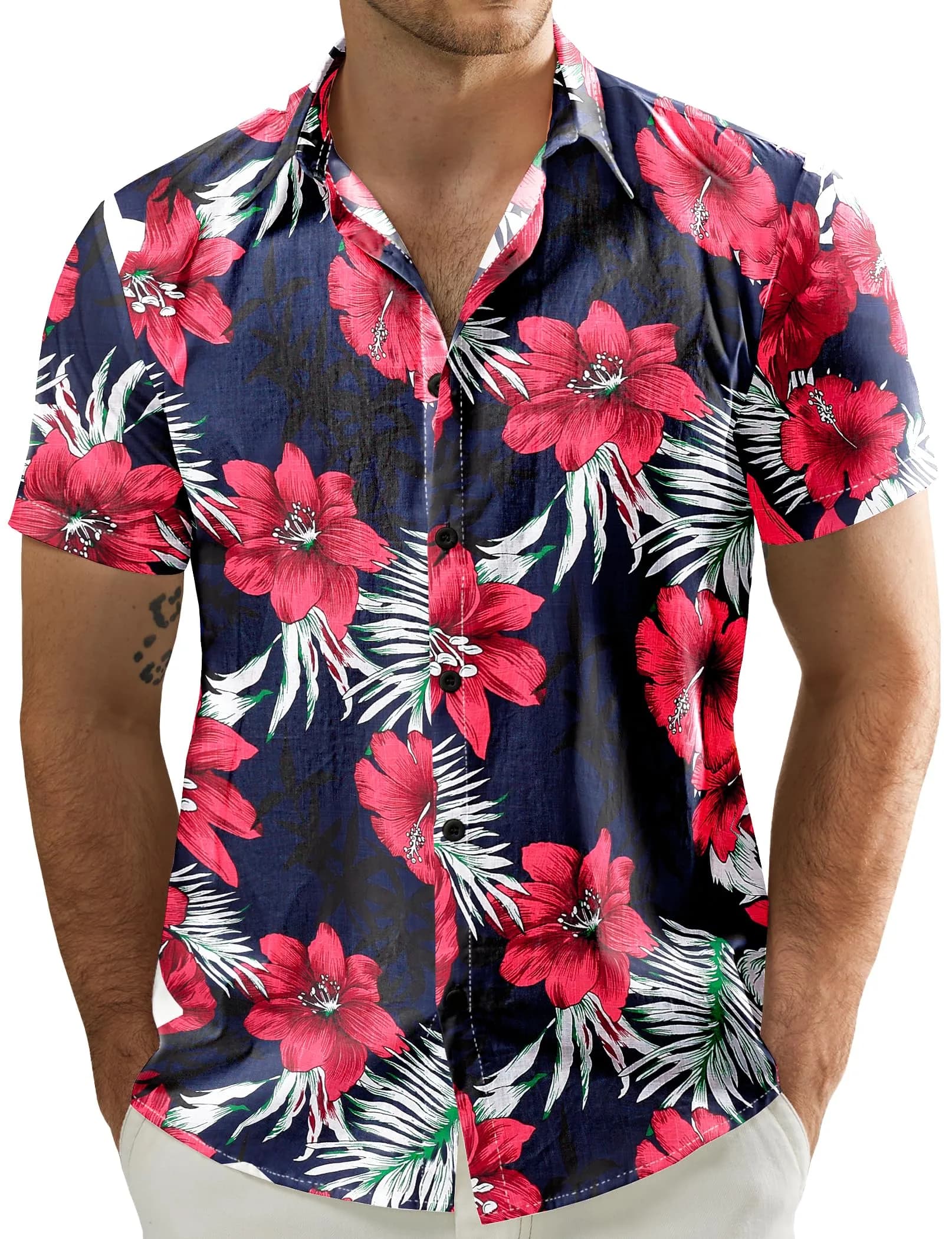 JOGAL Men's Hawaiian Shirt Short Sleeve Button Down Navy 3XL | Summer Casual Fit