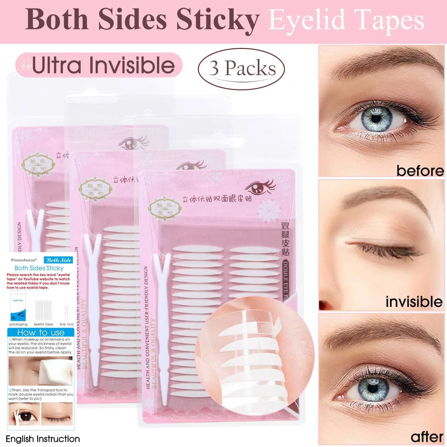 Pormasbenzer Ultra Invisible Double Eyelid Tape Stickers 480 Count (3 Packs) | Medical-Grade Adhesive Fiber for Natural Double Eyelids - view 2