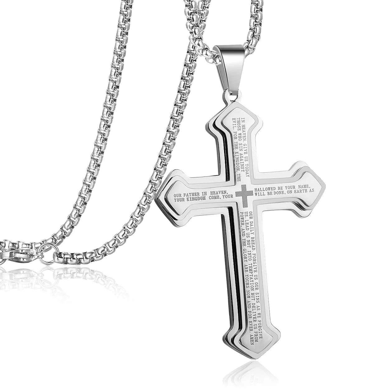 Rehoboth Men's Stainless Steel Nail Lord's Prayer Cross Pendant Necklace 24 Inch | Big Pendant & Strong Chain