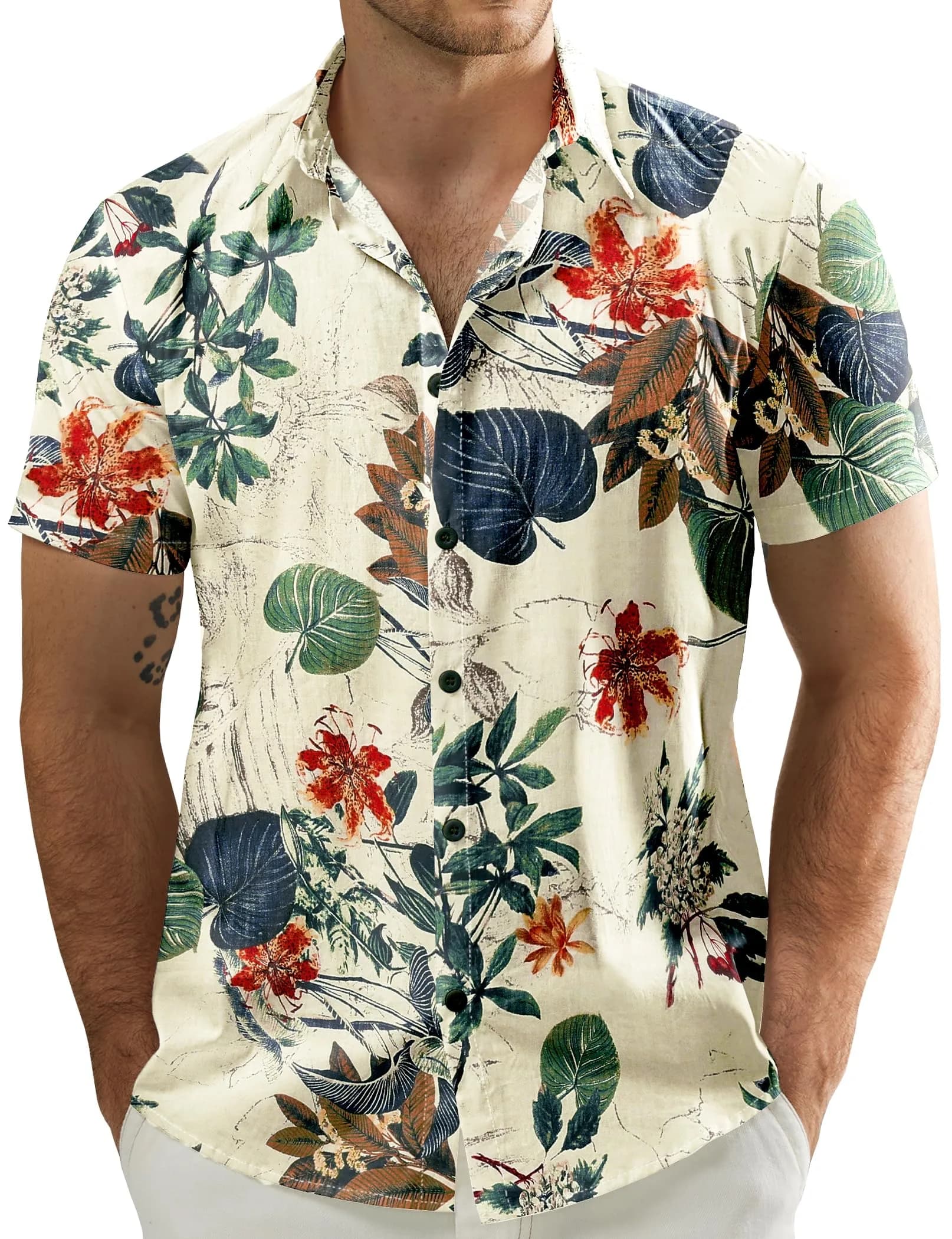 JOGAL Men's Hawaiian Shirt Short Sleeve Button-Down White Large | Summer Casual Comfort