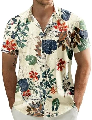 JOGAL Men's Hawaiian Shirt Short Sleeve Button-Down White Large | Summer Casual Comfort thumbnail 1