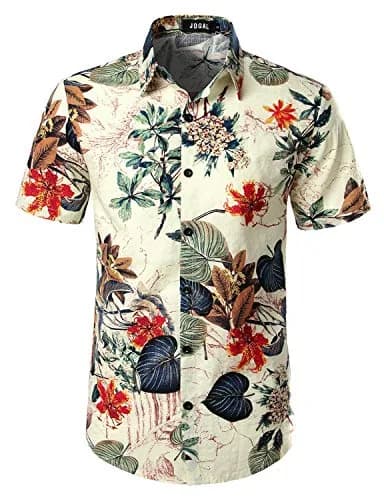 JOGAL Men's Hawaiian Shirt Short Sleeve Button-Down White Large | Summer Casual Comfort thumbnail 3