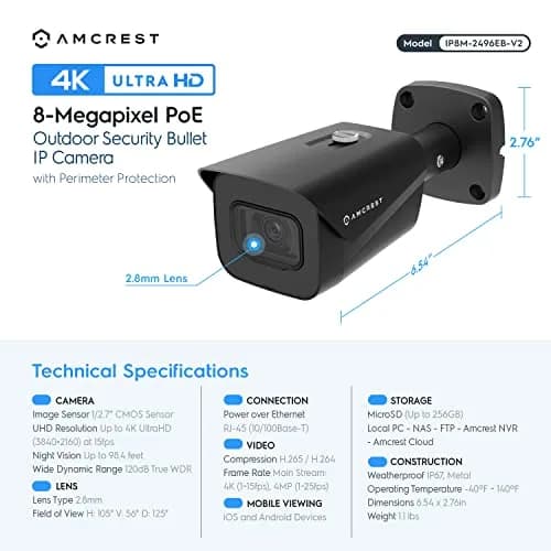 Amcrest UltraHD 4K Outdoor Bullet Security IP POE Camera, 98ft NightVision, 2.8mm Lens, IP67 Weatherproof, 256GB MicroSD Recording, Black (IP8M-2496EB-V2) thumbnail 6