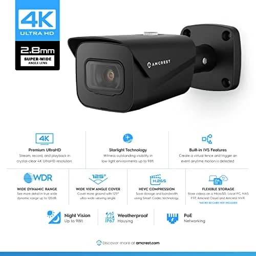 Amcrest UltraHD 4K Outdoor Bullet Security IP POE Camera, 98ft NightVision, 2.8mm Lens, IP67 Weatherproof, 256GB MicroSD Recording, Black (IP8M-2496EB-V2) thumbnail 2