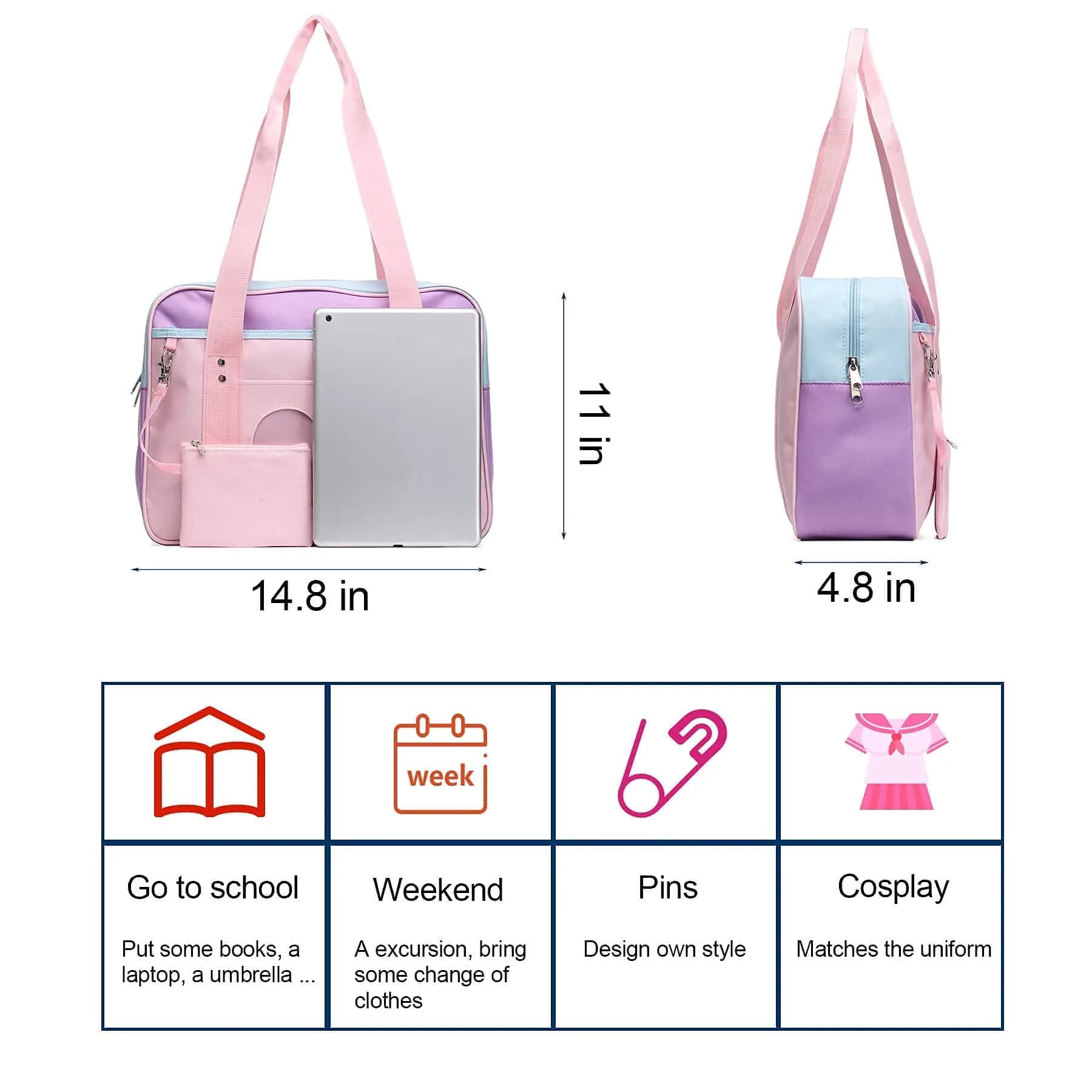 STEAMEDBUN Kawaii Ita Bag Japanese School Bag Large Tote Bag with Heart Window | 37cm (14.8 inch) Pink Straps - view 5