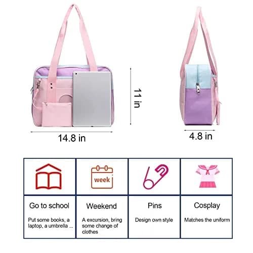 STEAMEDBUN Kawaii Ita Bag Japanese School Bag Large Tote Bag with Heart Window | 37cm (14.8 inch) Pink Straps thumbnail 5