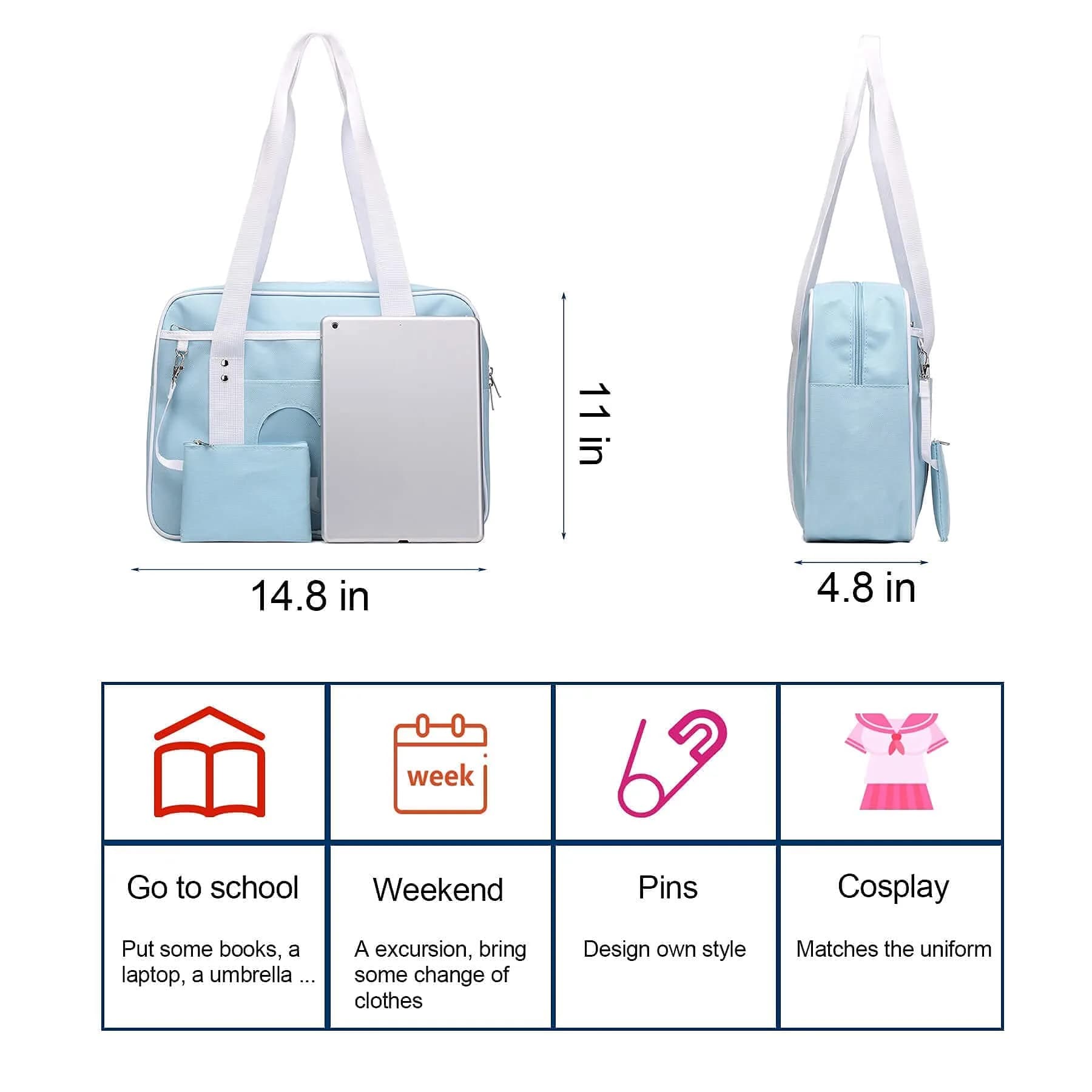 STEAMEDBUN Kawaii Ita Bag Japanese School Bag Blue Heart Tote Bag 37.6cm (14.8 inch) | Cute Anime Purse for Girls - view 5
