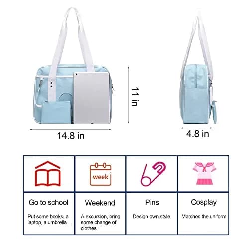 STEAMEDBUN Kawaii Ita Bag Japanese School Bag Blue Heart Tote Bag 37.6cm (14.8 inch) | Cute Anime Purse for Girls thumbnail 5