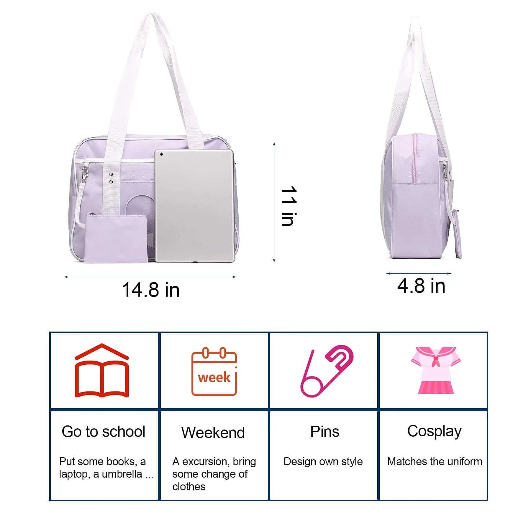 STEAMEDBUN Kawaii Ita Bag Large Tote Shoulder Bag with Clear Heart Window & Pockets 37.5cm (14.8 inch) | Anime & Cosplay Accessory - view 5