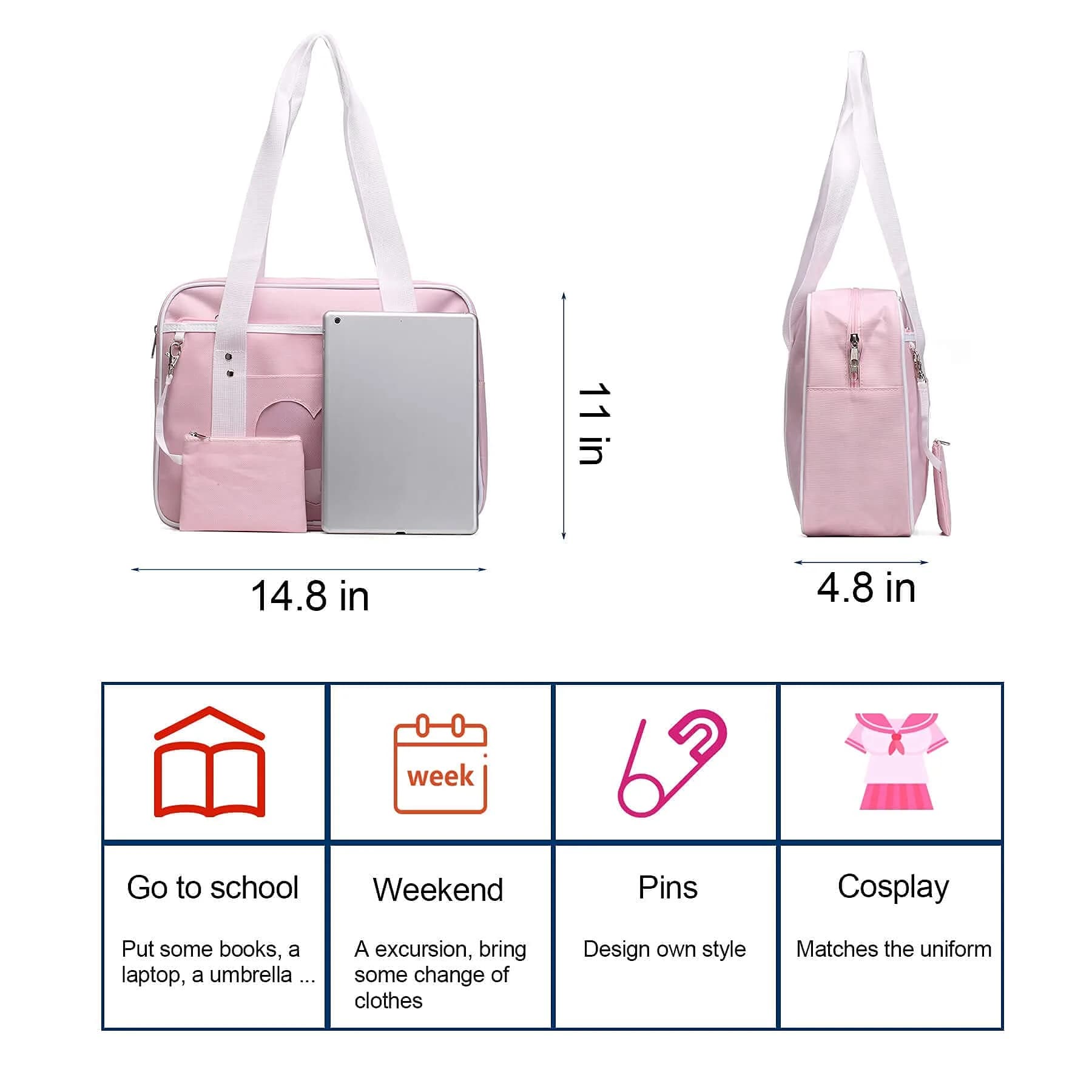 STEAMEDBUN Kawaii Ita Bag Japanese School Bag Large Tote with Clear Heart Window | 37.6cm (14.8 inch) Length - view 4