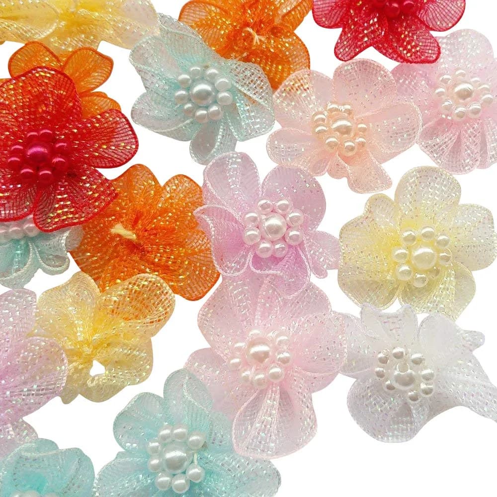 Chenkou Craft 40pcs 28mm Organza Ribbon Flowers with Beads Appliques | Wedding Craft Embellishments — I mix 40pcs