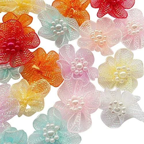 Chenkou Craft 40pcs 28mm Organza Ribbon Flowers with Beads Appliques | Wedding Craft Embellishments thumbnail 1