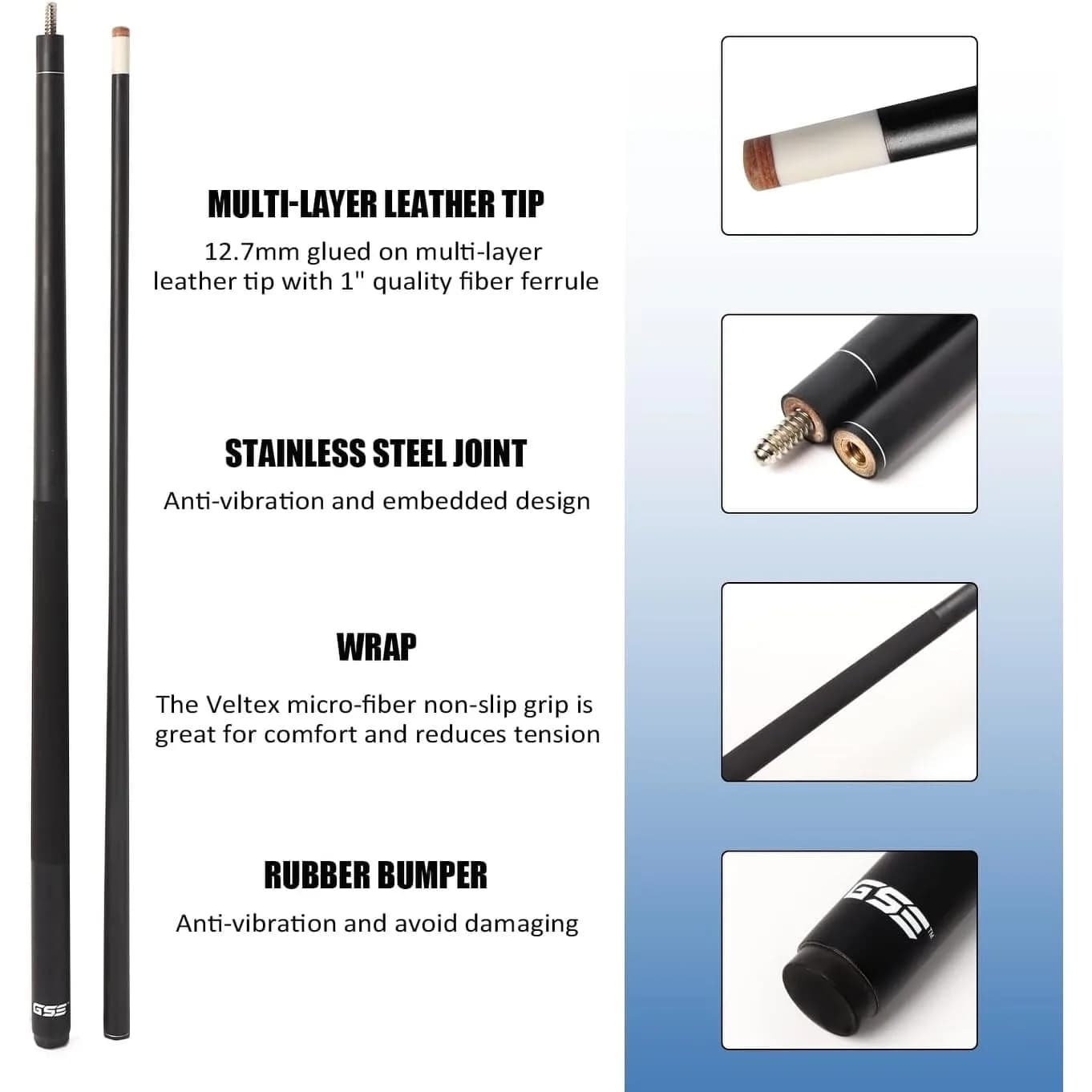 GSE Games & Sports Expert Matte Black 21oz Pool Cue Stick | 13mm Leather Tip, 3/8x10 Stainless Steel Joint - view 2