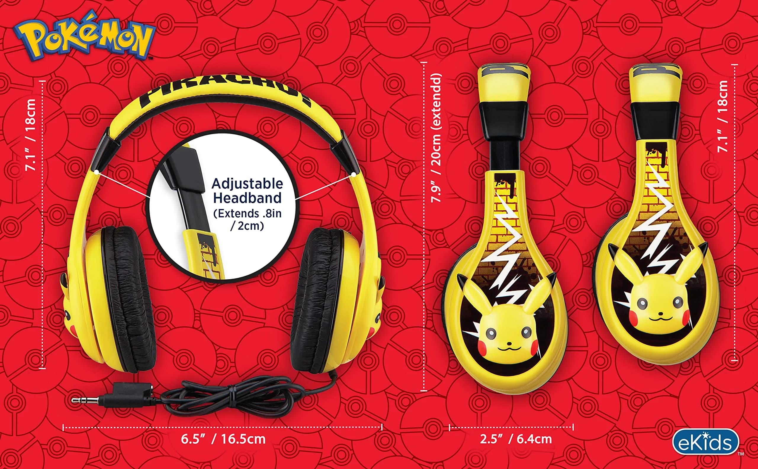 eKids Pokemon Pikachu Wired Kids Headphones, Adjustable, Stereo Sound, 3.5mm Jack, Tangle-Free, Volume Control, Children's Headband On Ear | Safe Volume for Kids - view 6
