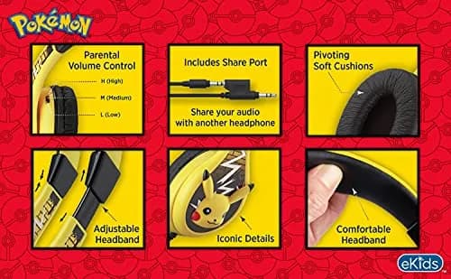 eKids Pokemon Pikachu Wired Kids Headphones, Adjustable, Stereo Sound, 3.5mm Jack, Tangle-Free, Volume Control, Children's Headband On Ear | Safe Volume for Kids thumbnail 3