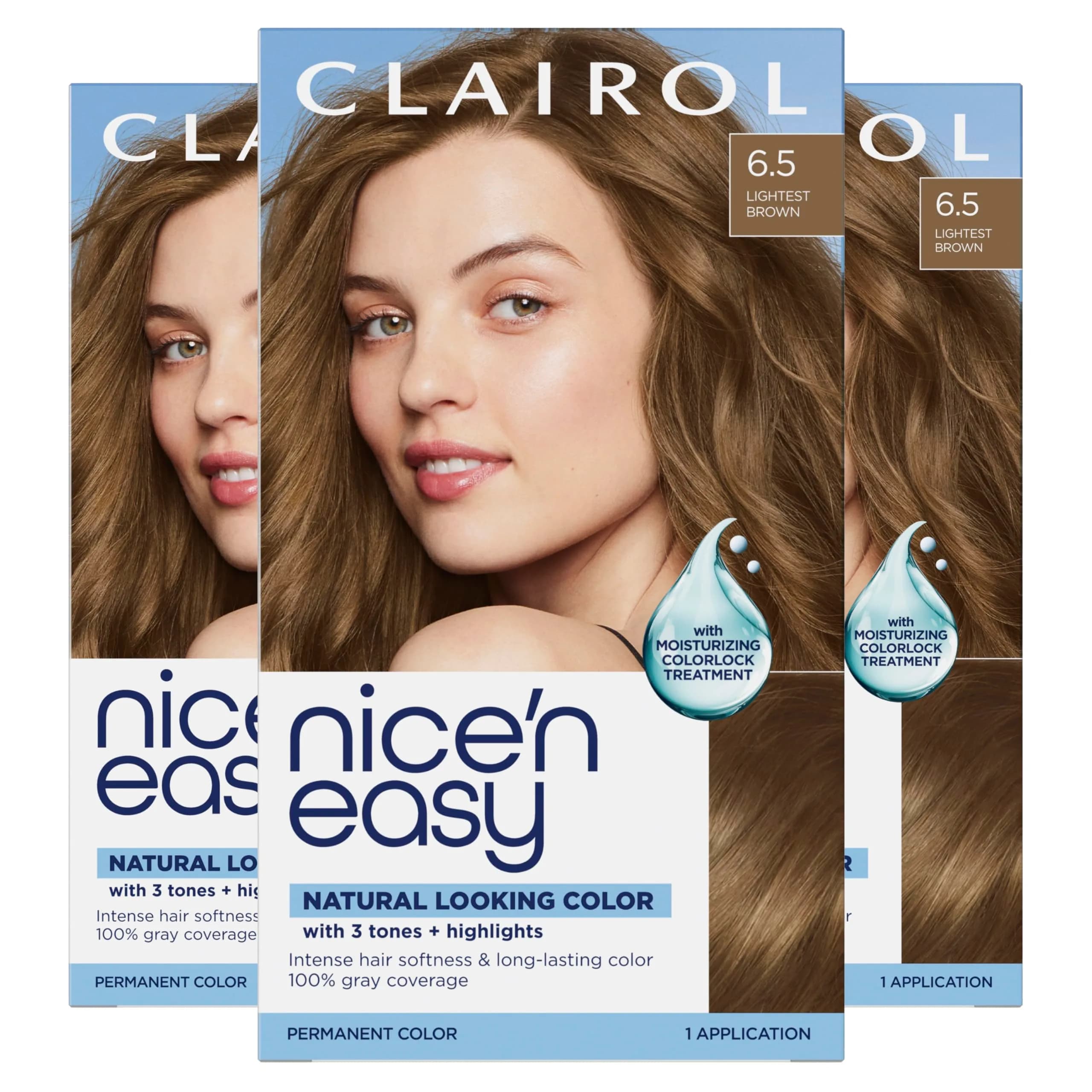 Clairol Nice'n Easy Permanent Hair Dye 6.5 Lightest Brown | 3 Count | 100% Gray Coverage - main product image