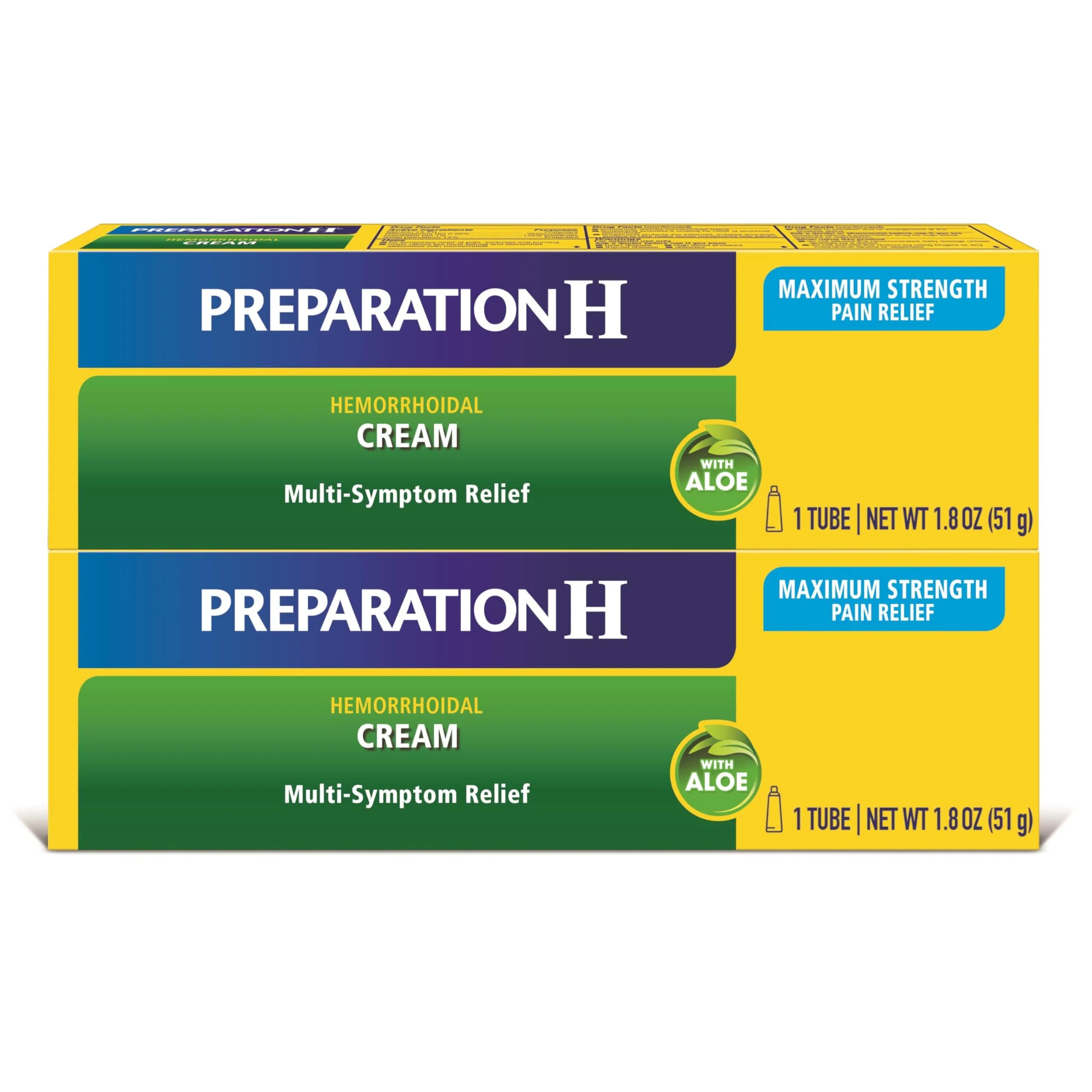 Preparation H Maximum Strength Hemorrhoid Pain Relief Cream (2 x 1.8 oz / 51g Tubes) | Multi-Symptom Relief with Aloe - main product image