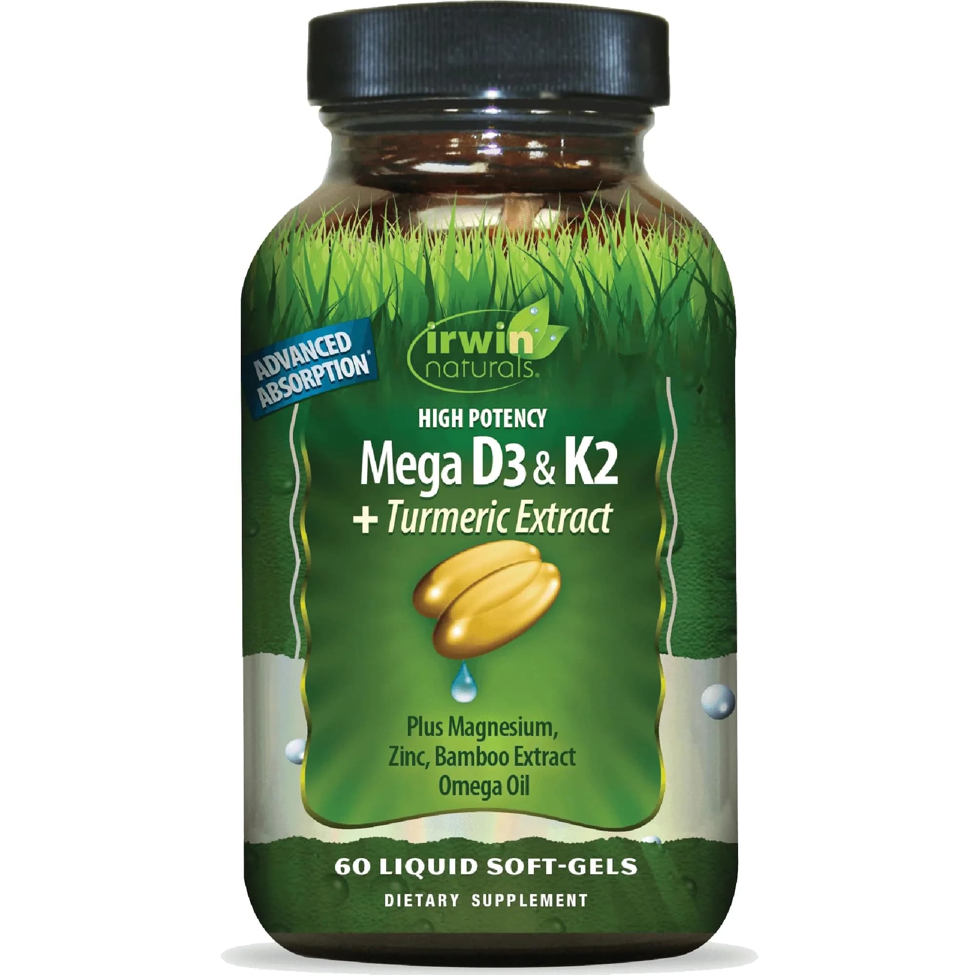 Irwin Naturals Mega D3 & K2 + Turmeric Extract | High Potency | 60 Softgels