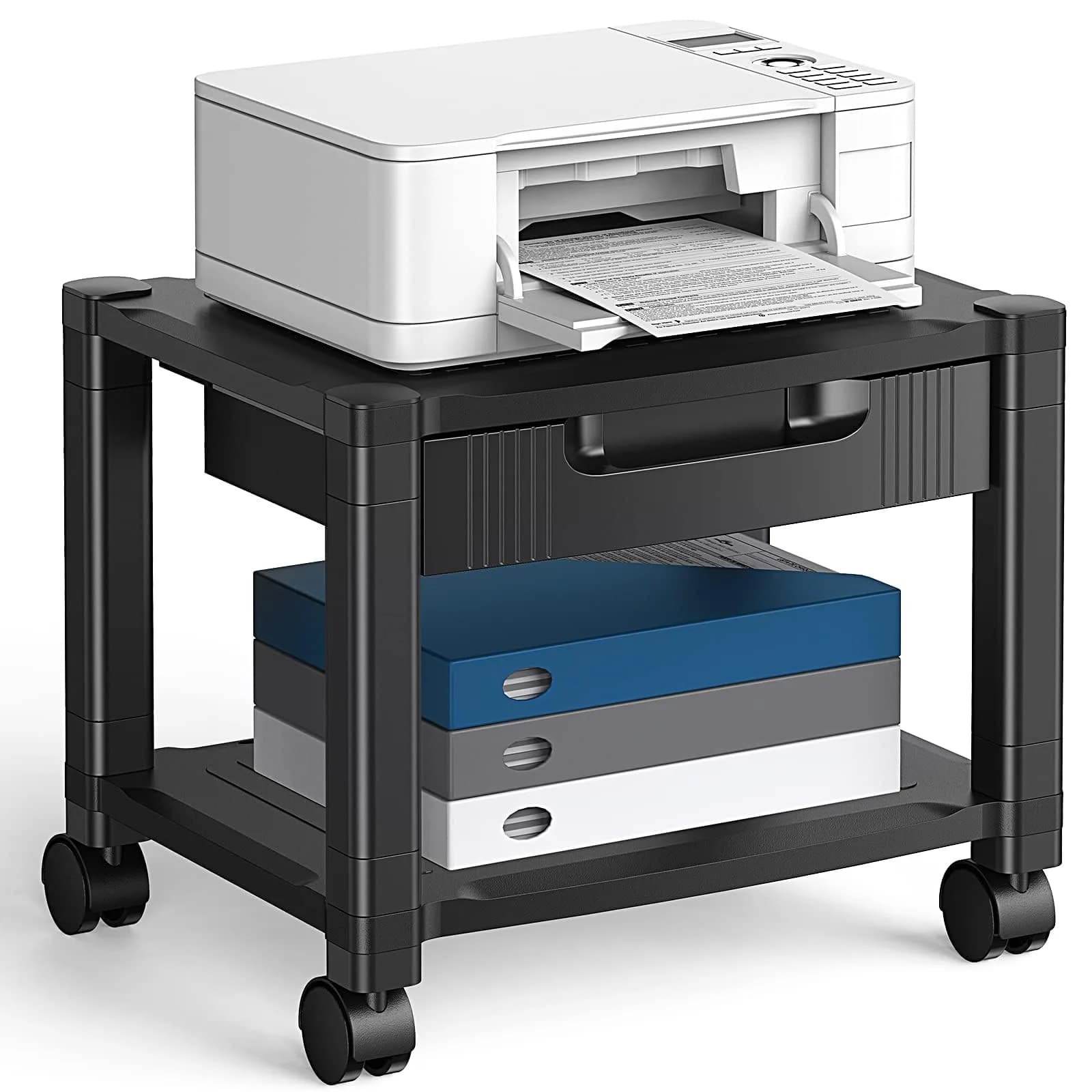 HUANUO Printer Stand with Storage Drawer Locking Wheels Under Desk Cart | Space-Saving Office Organizer