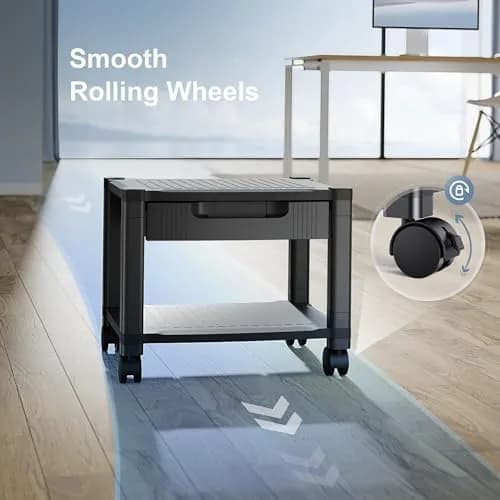 HUANUO Printer Stand with Storage Drawer Locking Wheels Under Desk Cart | Space-Saving Office Organizer thumbnail 5