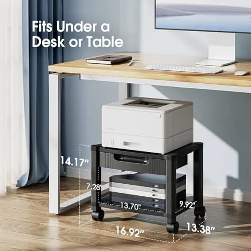 HUANUO Printer Stand with Storage Drawer Locking Wheels Under Desk Cart | Space-Saving Office Organizer thumbnail 2