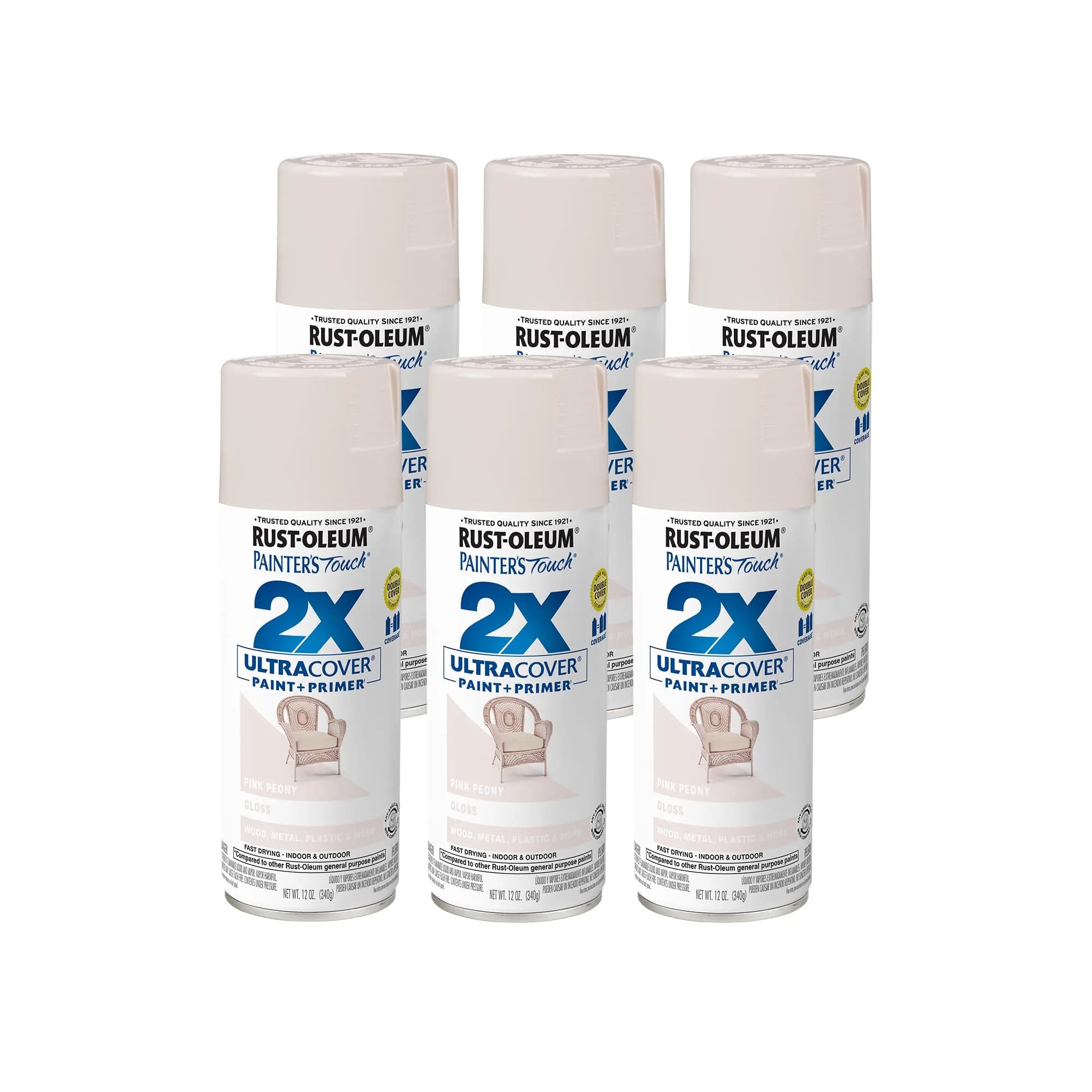 Rust-Oleum Painter's Touch 2X Ultra Cover Spray Paint, Gloss Pink Peony, 12 Oz (Pack of 6) - main product image